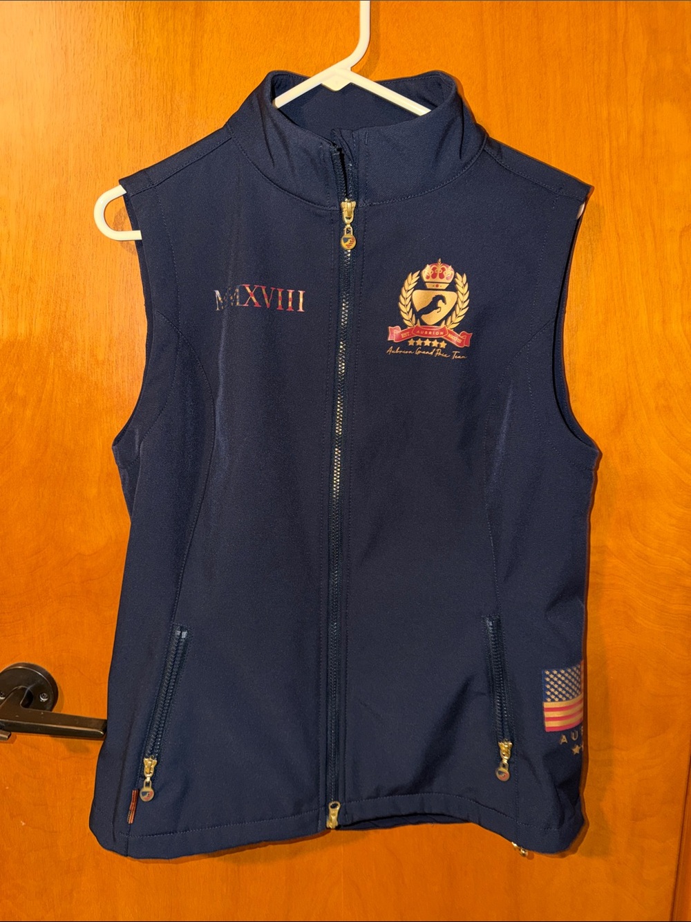 Navy Sleeveless Zip Vest with Crest Embroidery